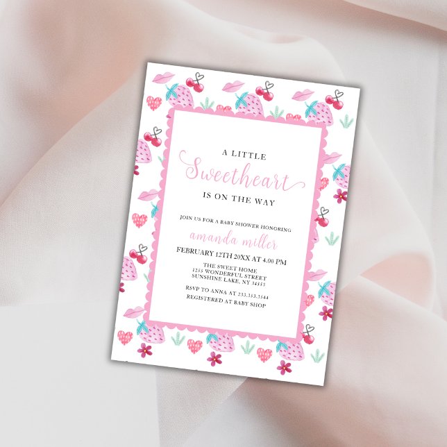 Convites Chá de fraldas de Namorados Rosa Berry Sweet (Pink Berry Sweet Sweetheart Valentine Baby Shower Invitation)