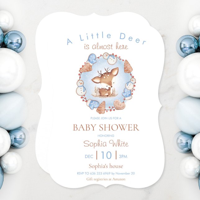 Convites Chá de fraldas de Natal (Boy Christmas shower Invitation in blue with a cute deer)