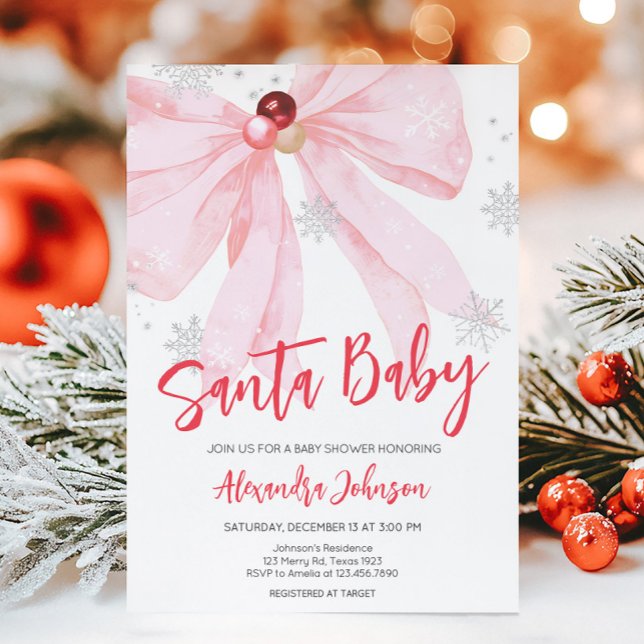 Convites Chá de fraldas de Natal de Arco rosa (Pink Bow Christmas Santa Baby Baby Shower Invitation)