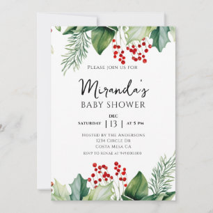 Convites Chá de fraldas de Natal Elegant Holly Berries
