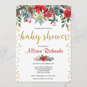 Convites Chá de fraldas de Natal floral de ouro vermelho el