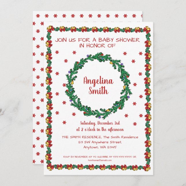 Convites Chá de fraldas de Natal & Garland (Frente/Verso)