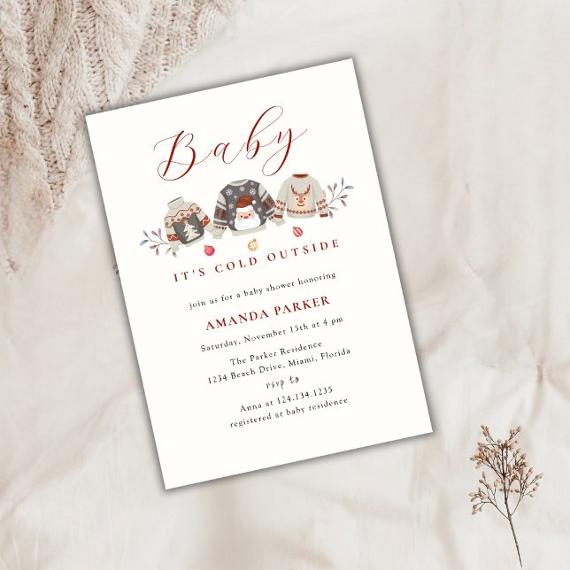 Convites Chá de fraldas de Natal para roupas de inverno bon (Cute Winter Clothes Christmas Baby Shower Invitation)