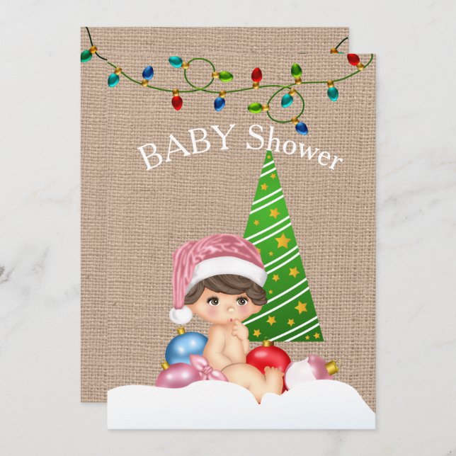 Convites Chá de fraldas de Natal - Rapariga (Frente/Verso)