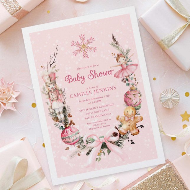 Convites Chá de fraldas de Natal rosa-claro (Pink Winter Holiday Baby Shower Invitation)