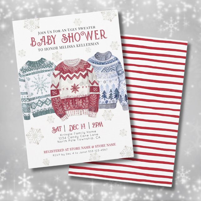 Convites Chá de fraldas de Natal suave (Ugly Sweater Christmas Baby Shower Invitation)