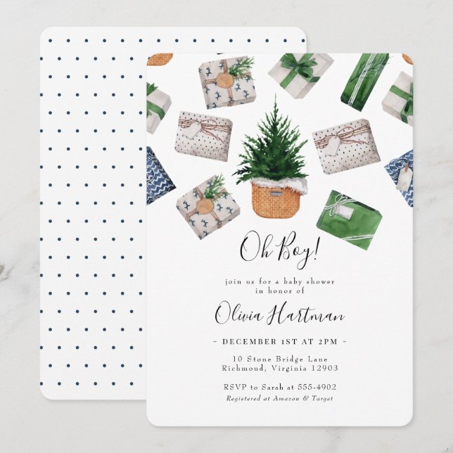 Convites Chá de fraldas de Natal Verde Russo Blue Winter (Frente/Verso)