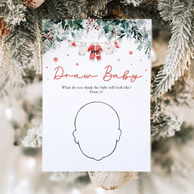 Convites Chá de fraldas de Natal Vermelho Desenhar Jogo de  (Watercolor Red Christmas Santa Baby Shower Draw Baby Game)
