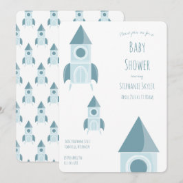 Convites Chá de fraldas de Nave Azul Branco Ilustrado