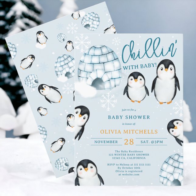 Convites Chá de fraldas de neve do pinguim-de-inverno bonit (Cute winter penguin igloos winter baby shower invitation)