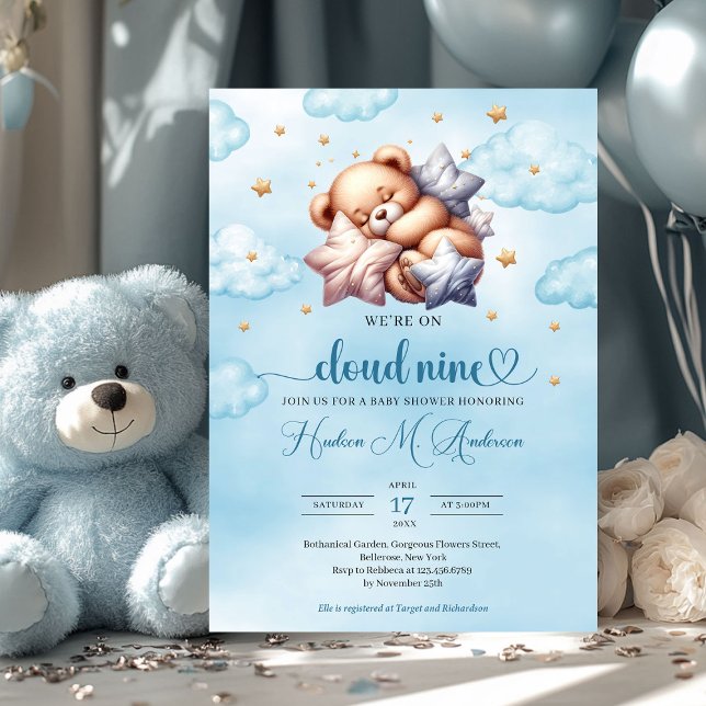 Convites Chá de fraldas de névoa de ursinho 9 (cloud nine - sleeping teddy bear blue and gold boy baby shower invitation)
