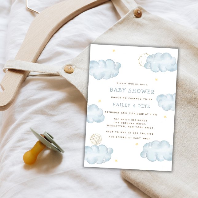 Convites Chá de fraldas de Nuvem da Estrela da Lua Azul (Blue Watercolor Moon Star Cloud Boy Baby Shower Invitation)