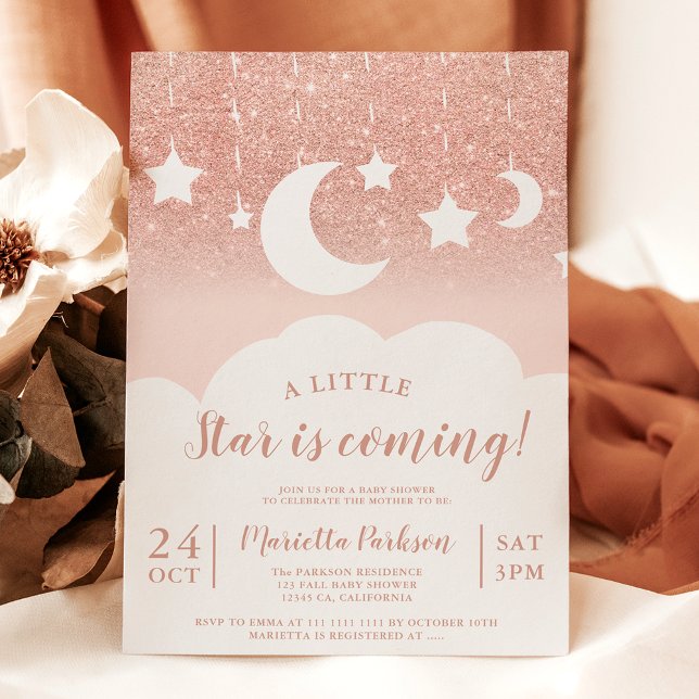Convites chá de fraldas de nuvem de rosa dourada estrela da (Rose gold glitter star moon cloud baby shower invitation)