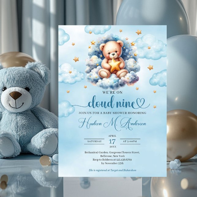 Convites Chá de fraldas de nuvem de ursos de nenhumas aquar (blue and gold we're on cloud nine boy baby shower invitation)