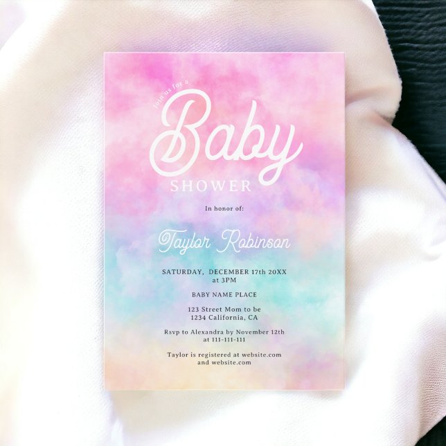Convites Chá de fraldas de nuvens de aquarela rosa moderna (Modern pink rainbow watercolor clouds Baby shower Invitation)