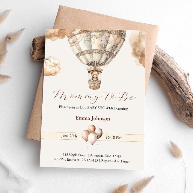 Convites Chá de fraldas de Nuvens de Balões de Ar Quente co (Boho Beige Bear Hot Air Balloon Clouds Baby Shower Invitation)
