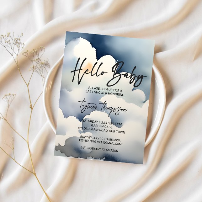 Convites Chá de fraldas de nuvens de cinzas de chá de frald (Cloud baby shower editable template invitation digital download watercolor clouds modern casual font)