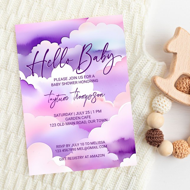 Convites Chá de fraldas de nuvens roxas chás de fraldas (Cloud baby shower purple clouds baby shower editable template invitation digital download hello baby)