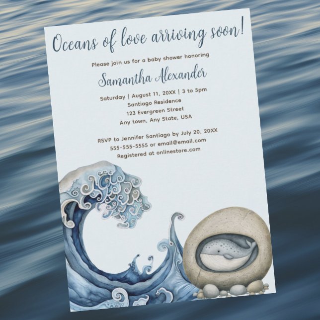 Convites Chá de fraldas de Oceano de Praia (Beach Ocean baby shower invitation. Majestic wave with baby whale peeking from rock. Whimsical.)