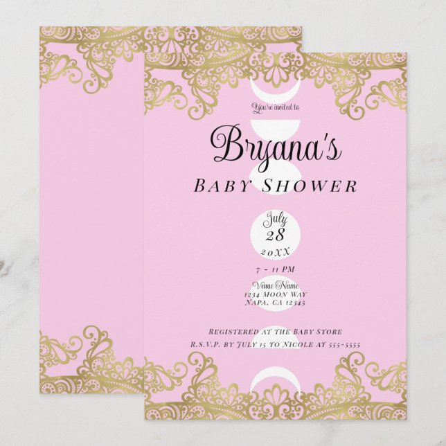 Convites Chá de fraldas de Ornamentado rosa e Dourado do Te (Frente/Verso)