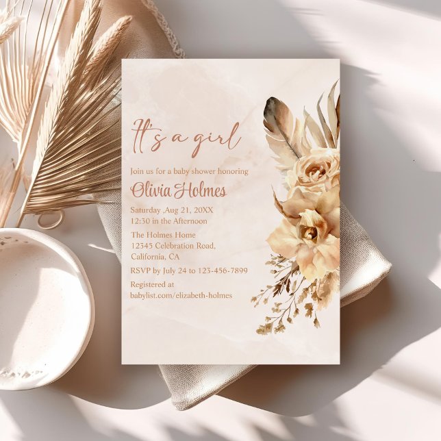 Convites Chá de fraldas de Orquídea de Grass Blush Bohemian (Bohemian Blush Pampas Grass Orchid Baby Shower Invitation on a neutral boho table.)