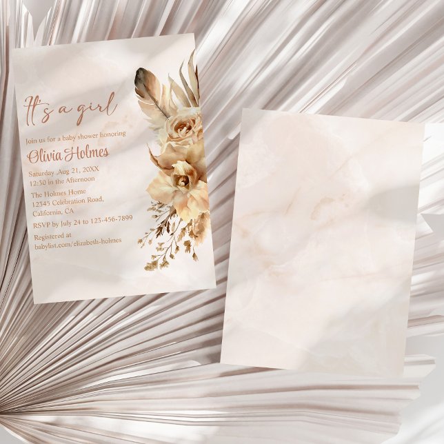 Convites Chá de fraldas de Orquídea de Grass Blush Bohemian (Bohemian Blush Pampas Grass Orchid Baby Shower Invitation on a sunny white dry palm leaf.)