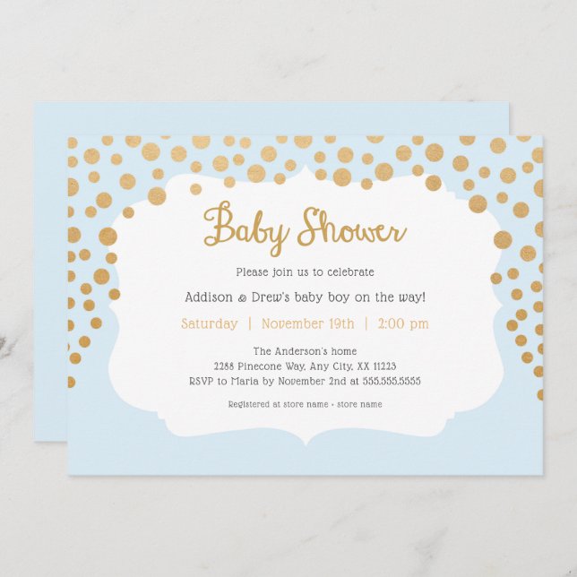 Convites chá de fraldas de ouro azul-bebê + dourado (Frente/Verso)