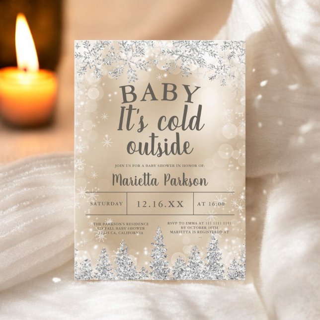 Convites Chá de fraldas de ouro de pinheiro prateado de inv (Winter Christmas silver snow pine gold baby shower Invitation)