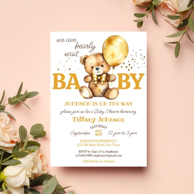 Convites Chá de fraldas de ouro marrom de ursinho (Bearly wait teddy bear baby shower template invitation digital download gold brown balloons teddy )