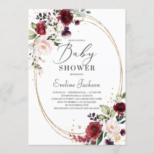 Convites Chá de fraldas de ouro rosa-branco-burgundy-boêmia