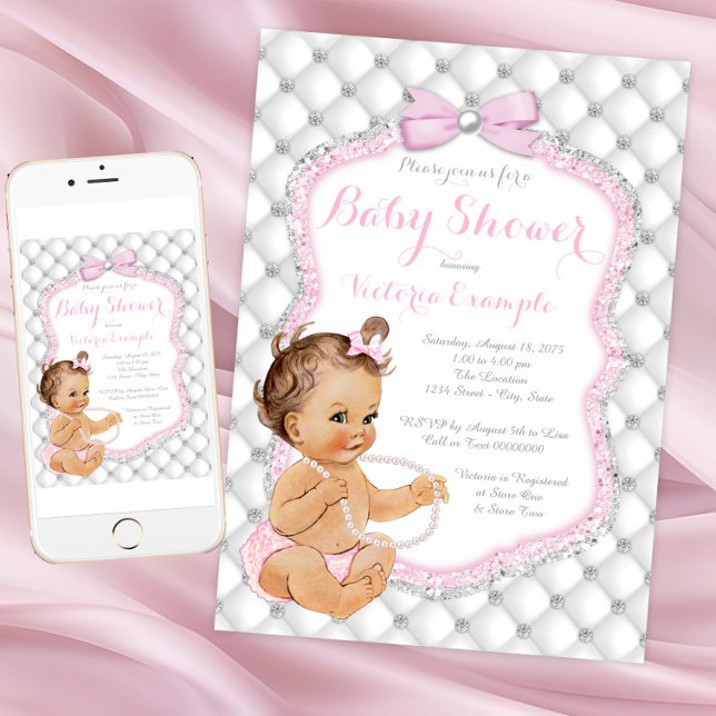 Convites Chá de fraldas de Ouros e Pérolas (Pretty blush pink diamond baby shower invitation. Instant download and printed invitations available)