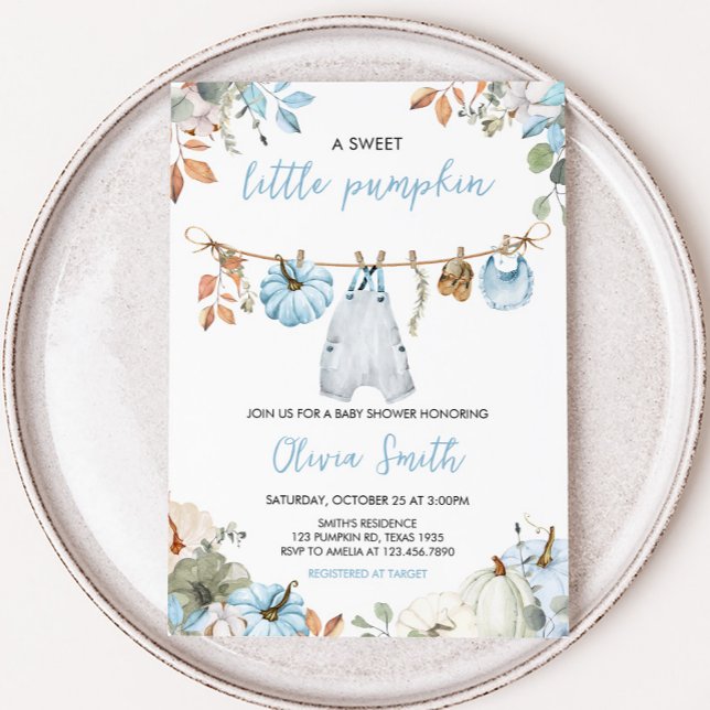 Convites Chá de fraldas de outono de Abóbora Azul (Blue Little Pumpkin Fall Clothesline Baby Shower Invitation)