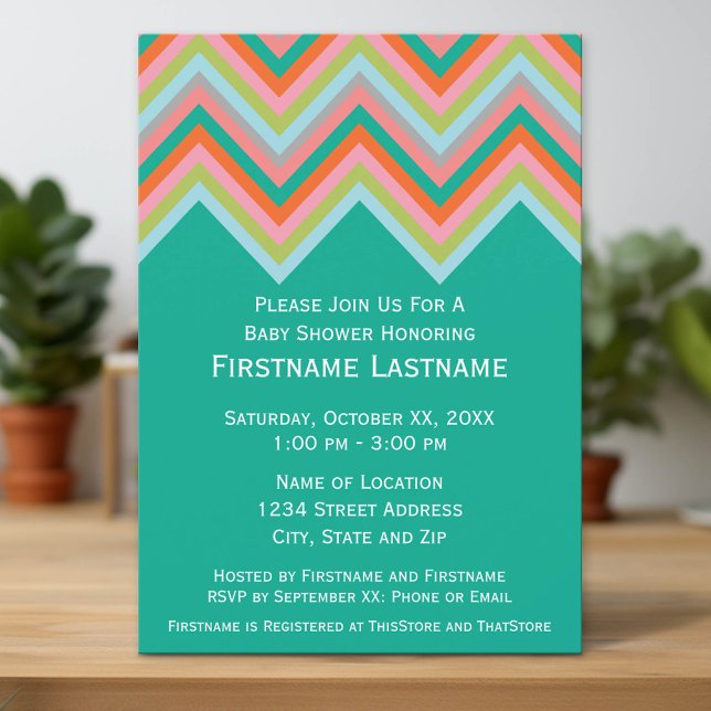 Convites Chá de fraldas de Padrão Chevron Teal & Orange (Custom Invitation with Download Option)