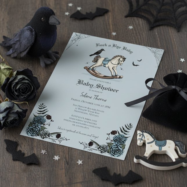 Convites Chá de fraldas de Padrão de Cavalo Rochoso Azul Gó (Gothic Baby Shower Invitations. Elegant Blue Floral Spooky Rocking Horse Illustration for Halloween )
