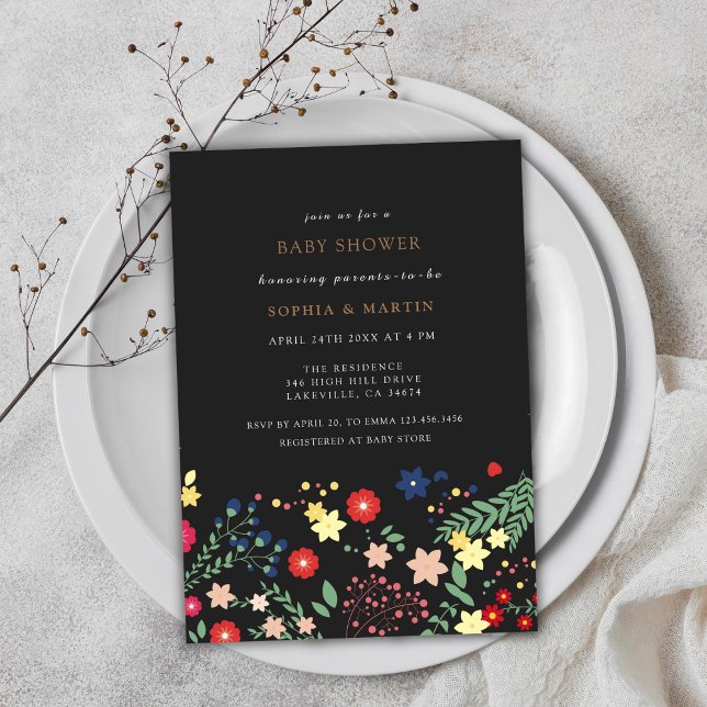 Convites Chá de fraldas de Padrão de Flor Selvagem Preto (Black Elegant Wildflower Pattern Baby Shower Invitation)