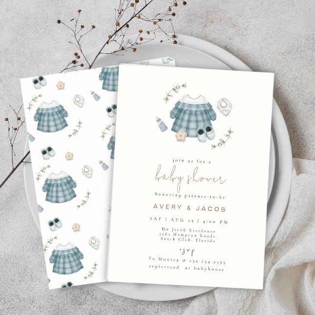 Convites Chá de fraldas de padrão mínimo de roupas modernas (Minimal Modern Boho Clothes Pattern Baby Shower Invitation)