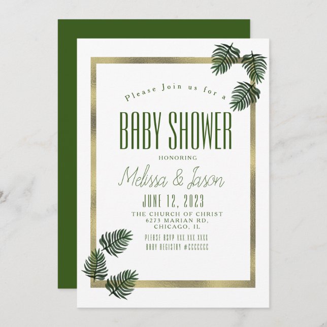 Convites Chá de fraldas de Palma de Folha Botânica Tropical (Frente/Verso)