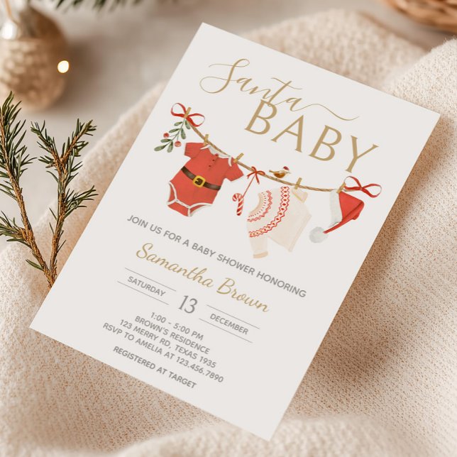 Convites Chá de fraldas de Papais noeis de Natal (Santa Baby Clothesline Christmas Baby Shower Invitation)