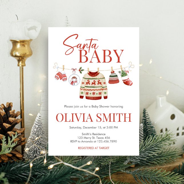 Convites Chá de fraldas de Papais noeis de Natal (Christmas Santa Baby Clothesline Baby Shower Invitation)