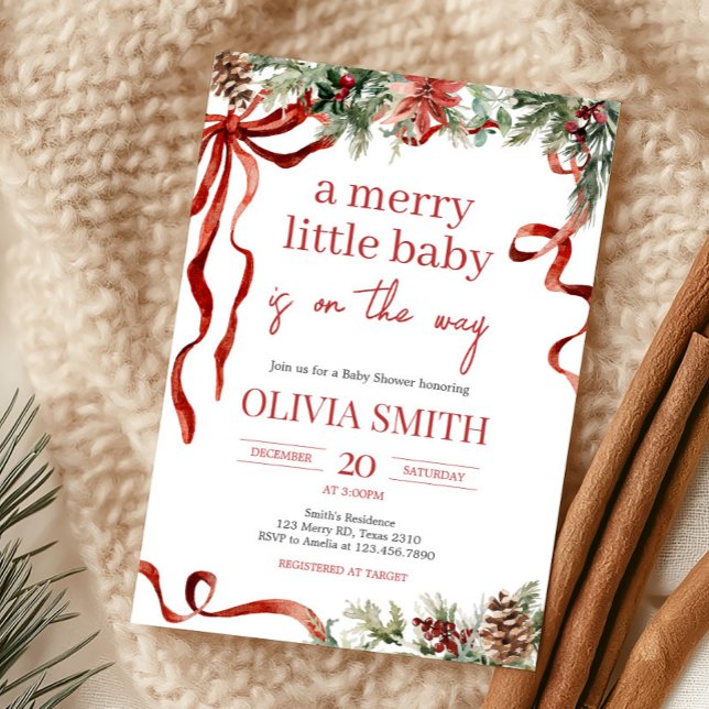 Convites Chá de fraldas de Papais noeis de Natal feliz (Red Bow Merry Little Christmas Baby Shower Invitation)
