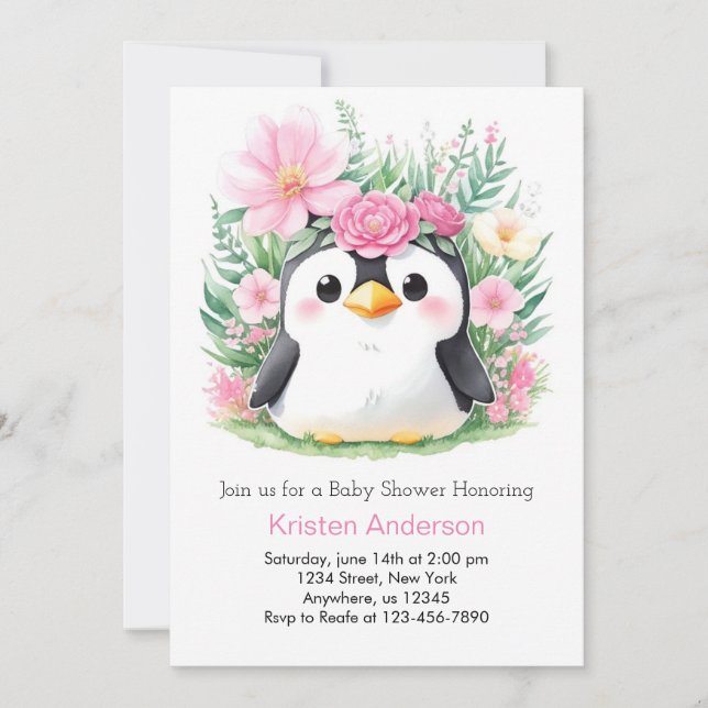 Convites Chá de fraldas de Paraíso Pinguim Rosa Whimsical (Frente)