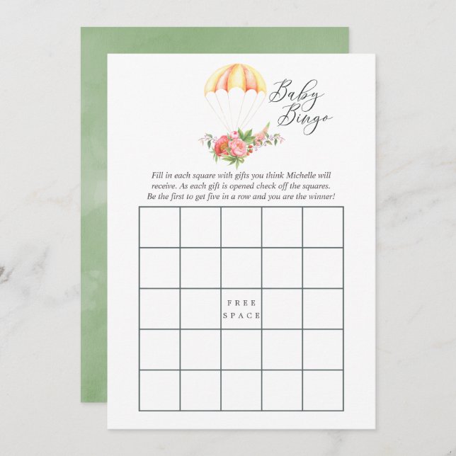 Convites Chá de fraldas de Paraquedas de Buquê Floral Bingo (Frente/Verso)