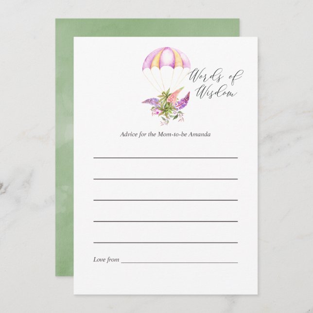 Convites Chá de fraldas de Paraquedas de Buquê Floral Conse (Frente/Verso)