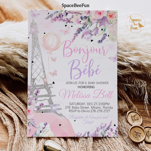 Convites Chá de fraldas de Paris - Bonjour Bebe rosa (Paris Baby Shower Invitation Bonjour Bebe Baby Shower Editable Paris Baby Shower Theme Pink purple)
