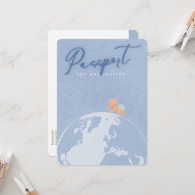 Convites Chá de fraldas de passaporte azul-viagem (Frente/Verso In Situ)