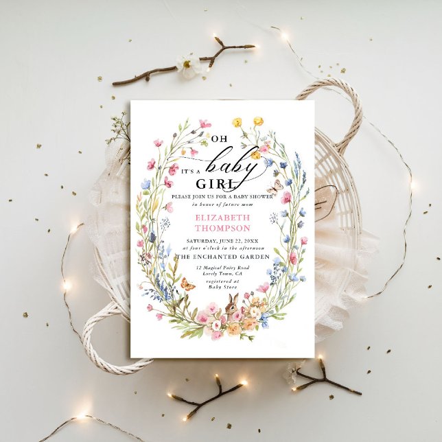 Convites Chá de fraldas de pássaro de flor selvagem entalad (enchanted garden baby shower invitation woodland forest bird butterfly rabbit spring summer)