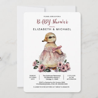 Convites Chá de fraldas de Pato Bebê Floral Rosa para Garot