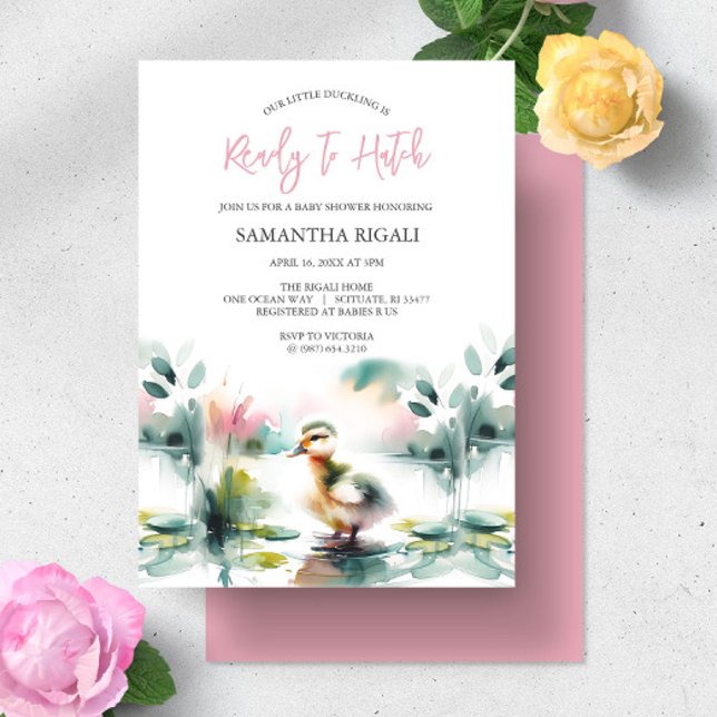 Convites Chá de fraldas de Pato de Aquarela de Menina Cóta (Duck baby shower invitations for girl feature pastel watercolor art exclusive to Do Tell A Belle)