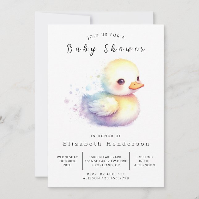Convites Chá de fraldas de Pato Imprimível de Watercolor (Frente)