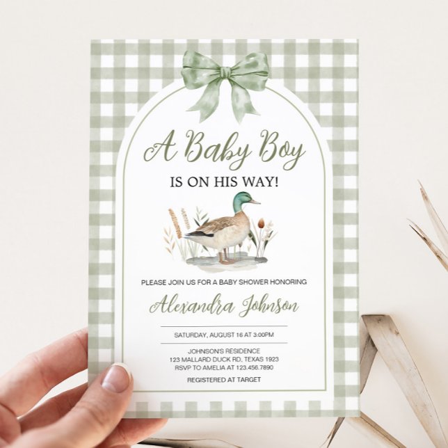 Convites Chá de fraldas de Pato Verde da Gingham Sage (Sage Green Gingham Mallard Duck Hunting Country Baby Shower Invitation)